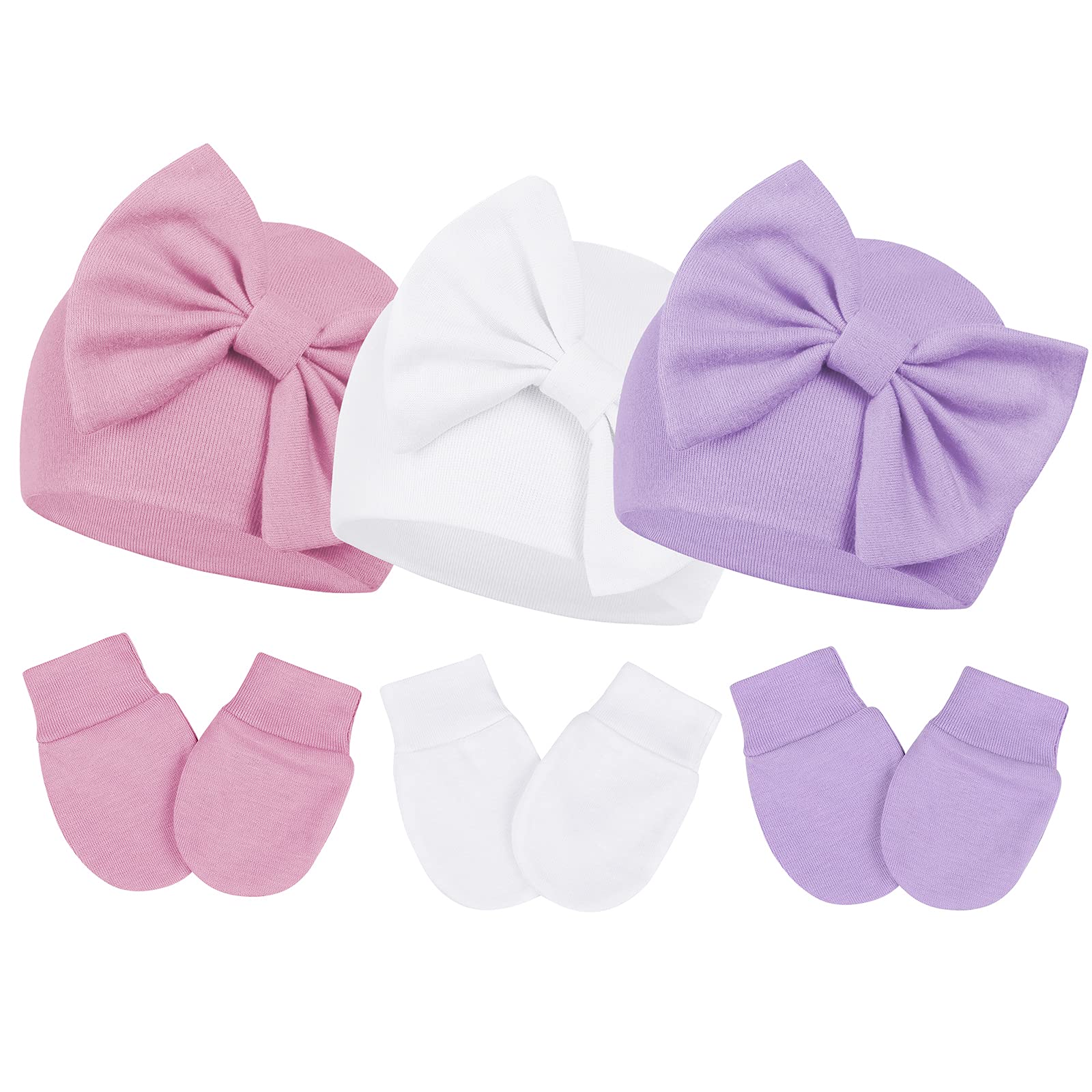 Mittens and Caps for Newborn Baby Girls Set Hospital Hat Beanie Infant Hats with Bow for 0-6 Months Deep Pink & White & Purple 0-3 Months