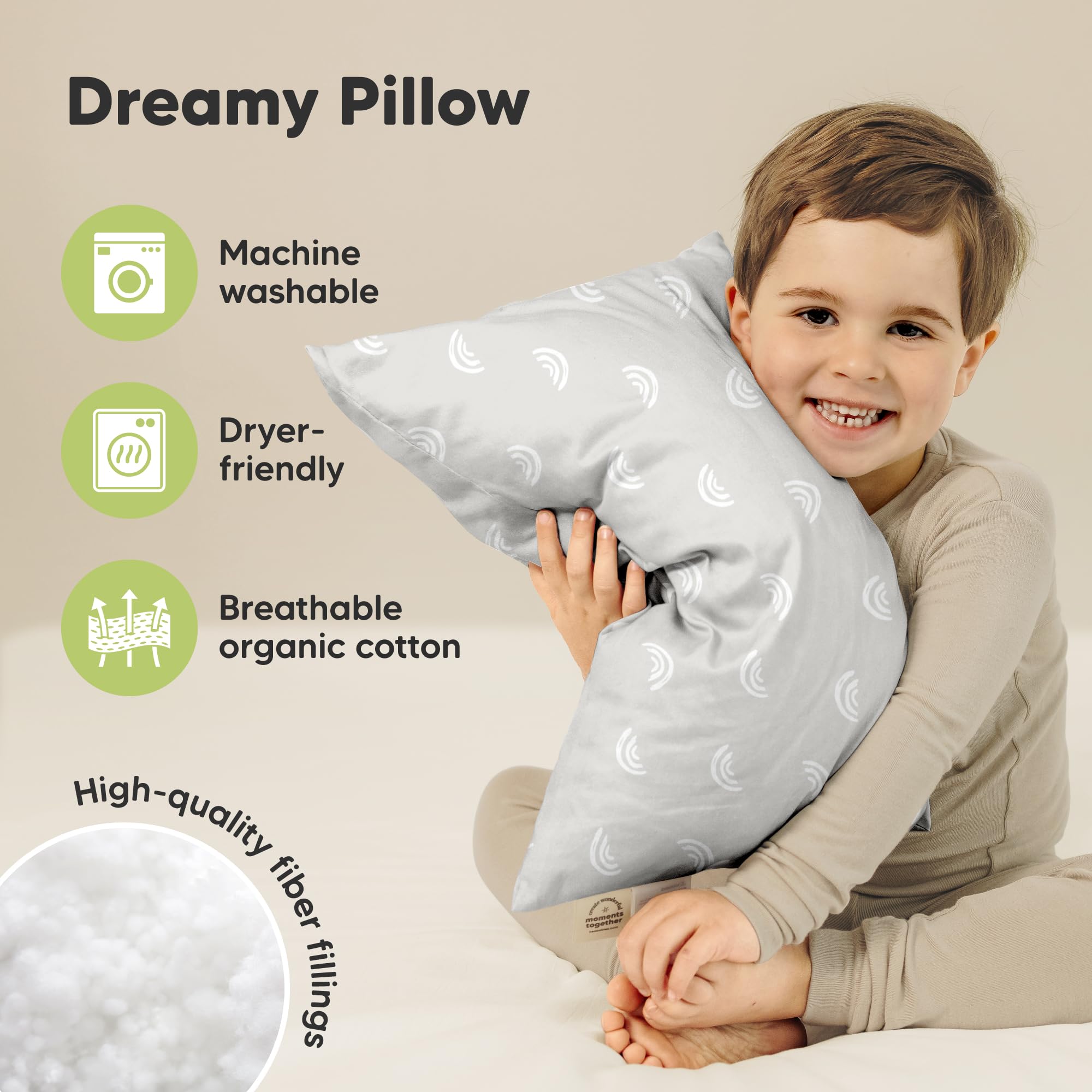 2-Pack Toddler Pillow - Soft Organic Cotton Toddler Pillows for Sleeping - 13X18 Small Pillow for Kids - Kids Pillows for Sleeping - Kids Pillow for Travel, School, Nap, Age 2 to 5 (Gray Rainbow)