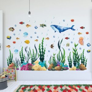 Under the Sea Wall Decals 2 Sheets Ocean Wall Decals Stickers Large Coral Reef and Seaweed, Bubbles Vinyl Wall Sticker Underwater Sea Wall Stickers for Toddler Baby Nursery Living Room Office Bathroom