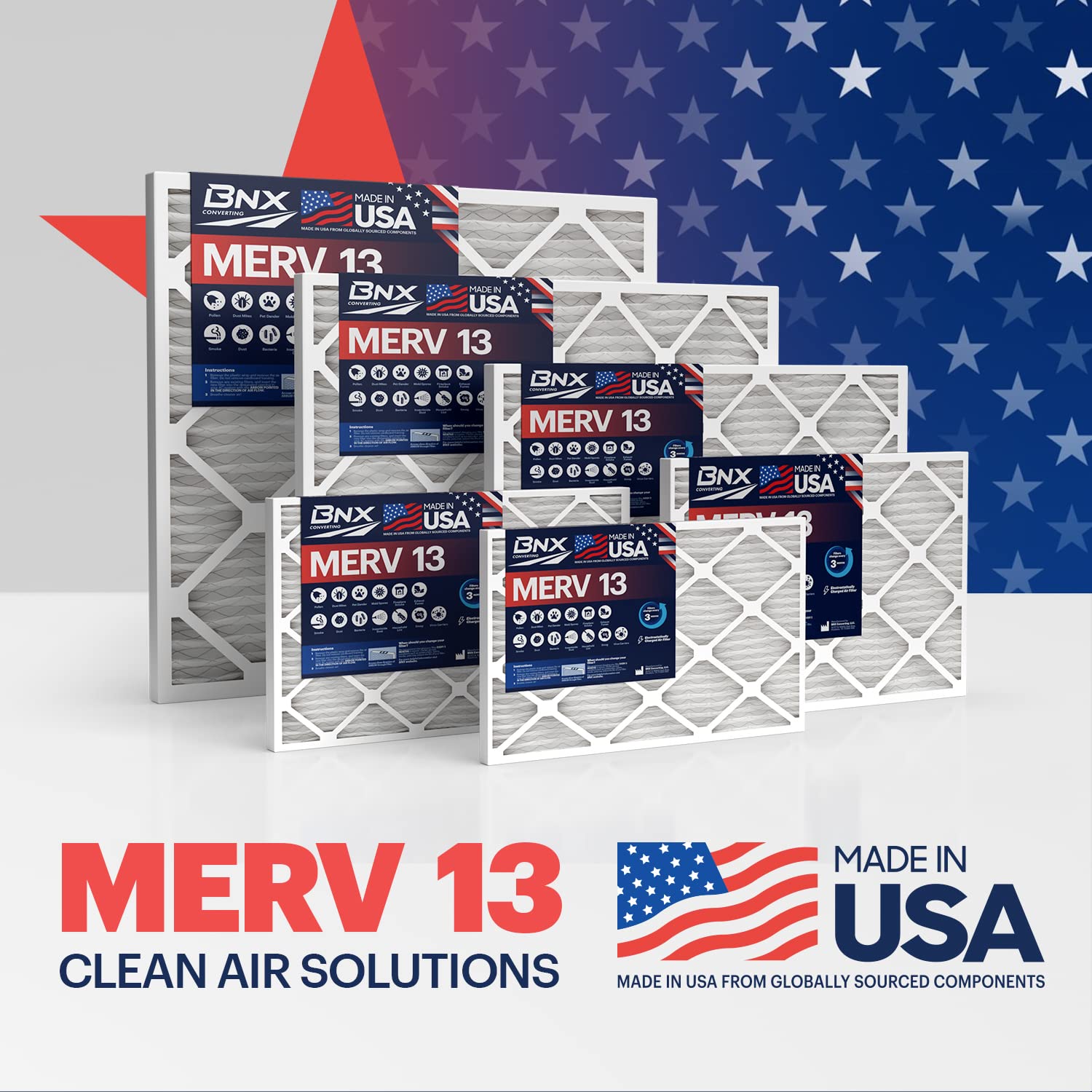 BNX TruFilter 20x25x1 Air Filter MERV 13 (4-Pack) - MADE IN USA - Electrostatic Pleated Air Conditioner HVAC AC Furnace Filters for Allergies, Pollen, Mold, Bacteria, Smoke, Allergen, MPR 1900 FPR 10