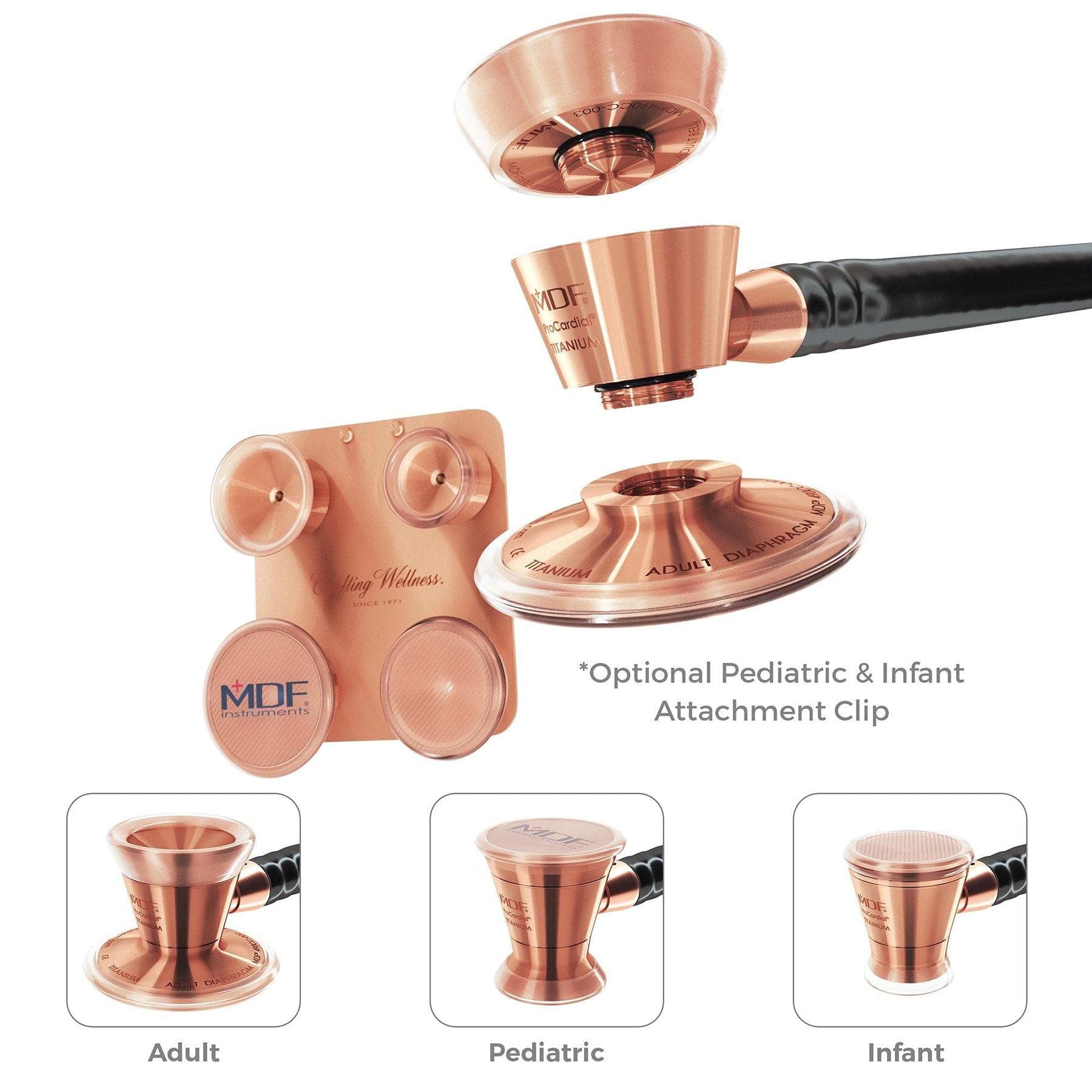 MDF Instruments White Glitter Rose Gold ProCardial Cardiology Stethoscope + MDF Pediatric and Neonatal Attachments with Clip