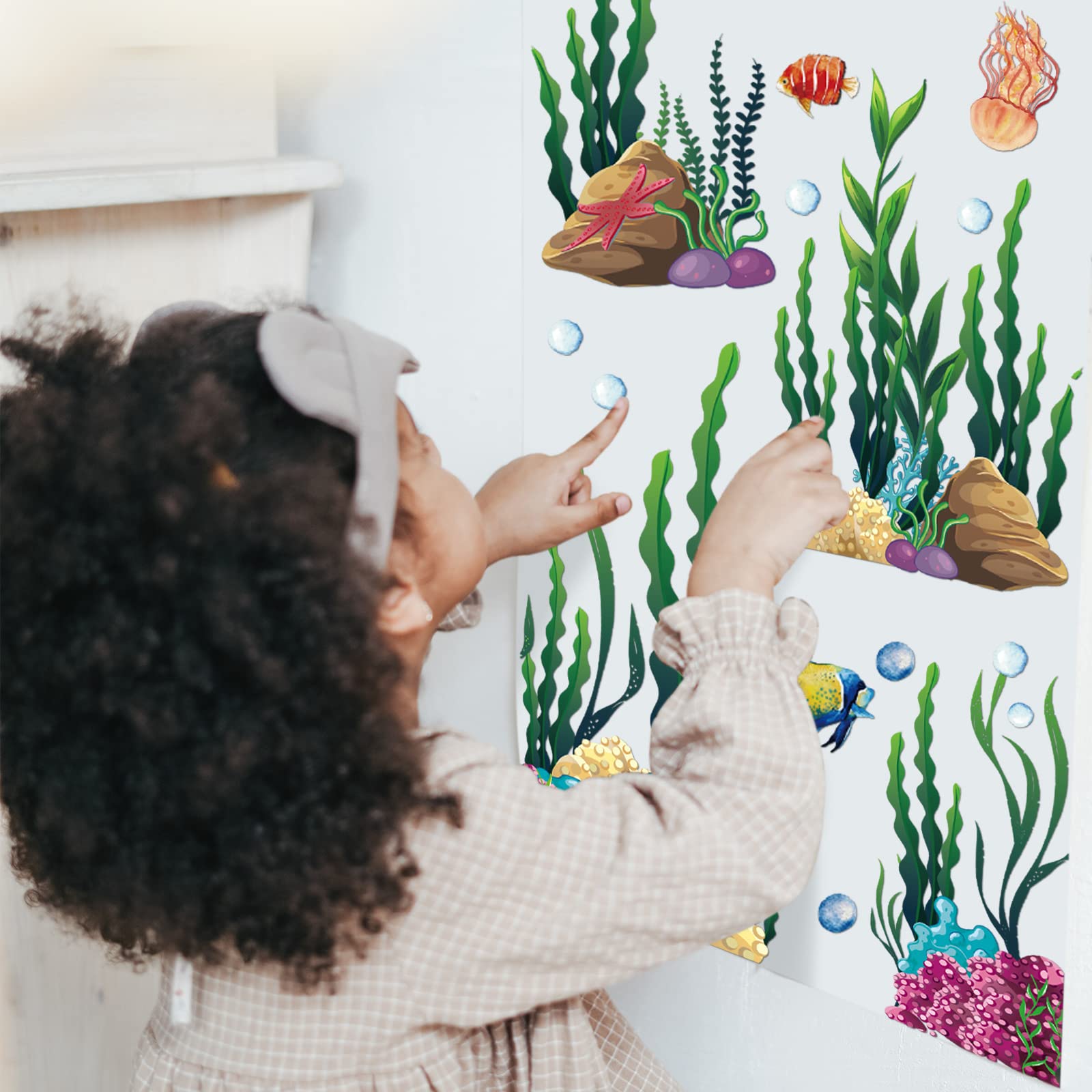 Under the Sea Wall Decals 2 Sheets Ocean Wall Decals Stickers Large Coral Reef and Seaweed, Bubbles Vinyl Wall Sticker Underwater Sea Wall Stickers for Toddler Baby Nursery Living Room Office Bathroom