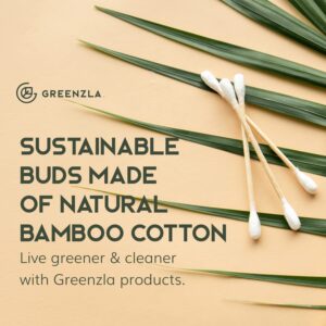 Greenzla Organic Cotton Swabs 600 Pack - Biodegradable Vegan Bamboo Cotton Buds with Plant-Based Packaging, Wooden Ear Swabs with Soft & Gentle Cotton Tips, Comes with Eco-Friendly Cotton Swab Holder