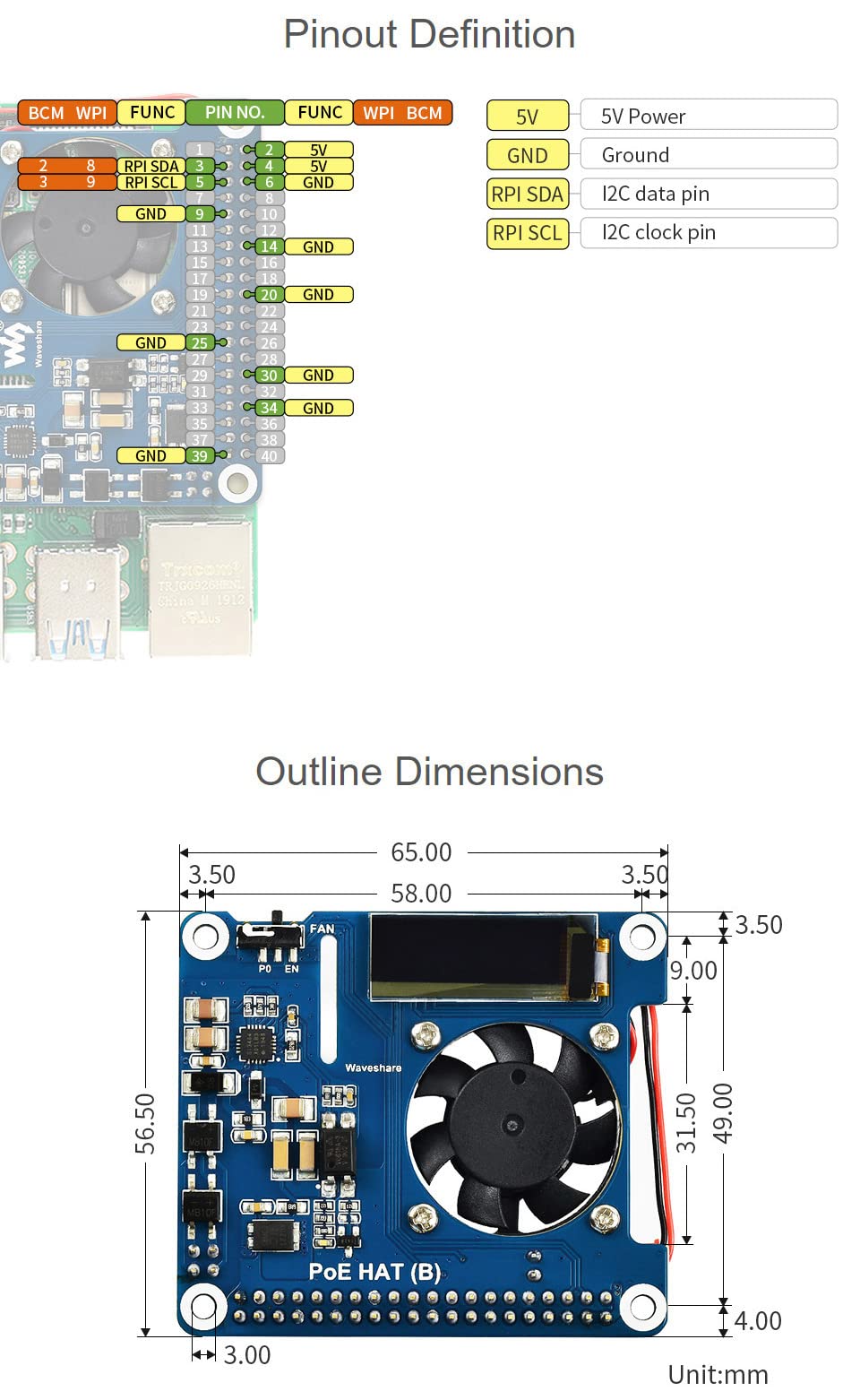 Waveshare PoE HAT (B) Power Over Ethernet HAT Supports Raspberry Pi 3B+ and 4B, 802.3af PoE Network