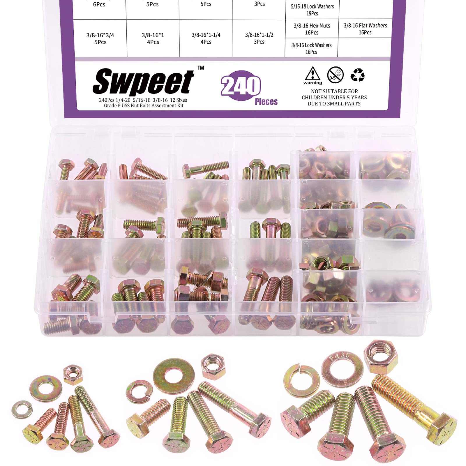 Swpeet 240Pcs 1/4-20 5/16-18 3/8-16 12 Sizes Grade 8 USS Nut Bolts Assortment Kit, Heavy Duty Bolt Nut and Washer Assortment Coarse Thread Hex Head Cap Screws Bolt Flat and Lock Washer