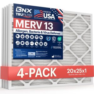 bnx trufilter 20x25x1 air filter merv 13 (4-pack) - made in usa - electrostatic pleated air conditioner hvac ac furnace filters for allergies, pollen, mold, bacteria, smoke, allergen, mpr 1900 fpr 10