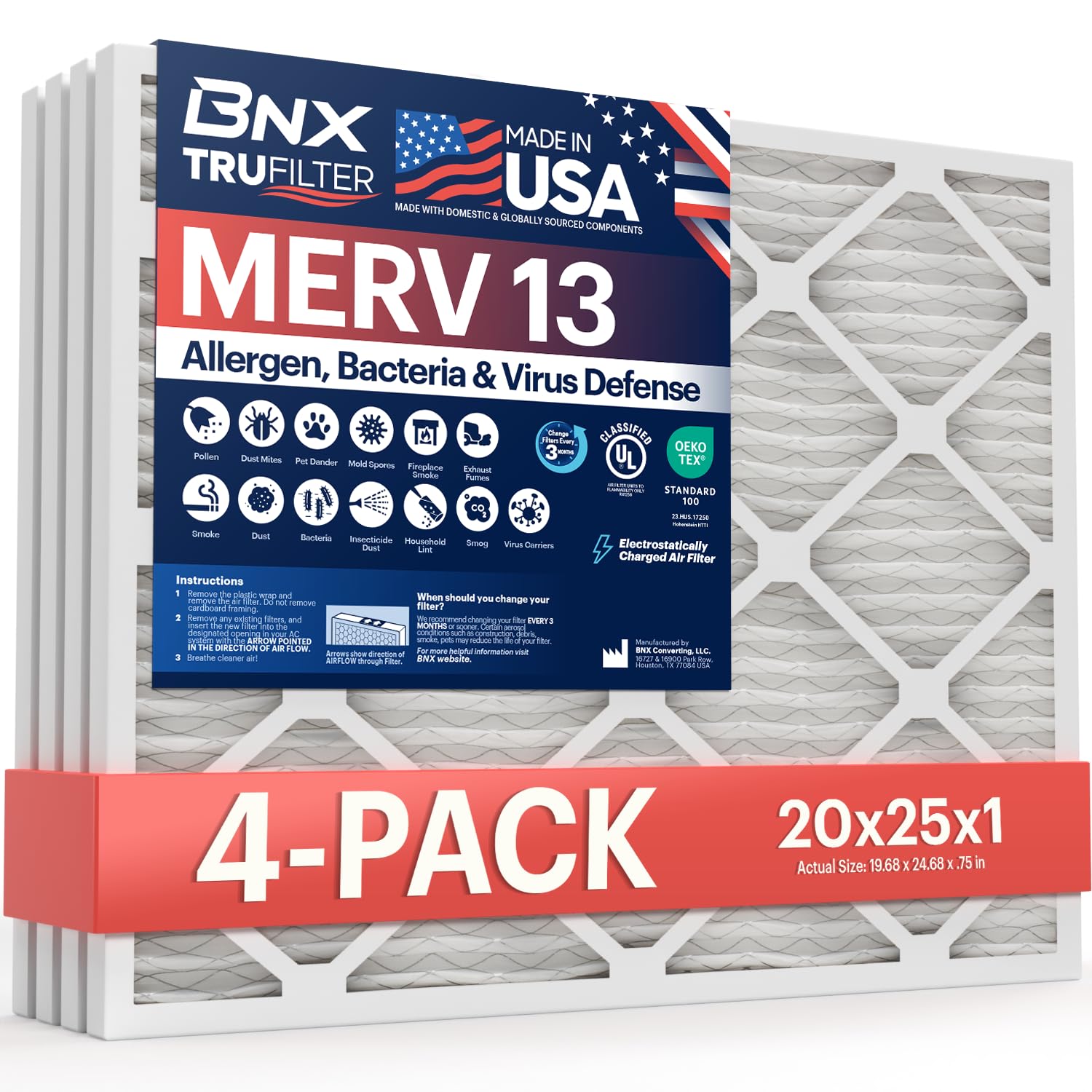 BNX TruFilter 20x25x1 Air Filter MERV 13 (4-Pack) - MADE IN USA - Electrostatic Pleated Air Conditioner HVAC AC Furnace Filters for Allergies, Pollen, Mold, Bacteria, Smoke, Allergen, MPR 1900 FPR 10