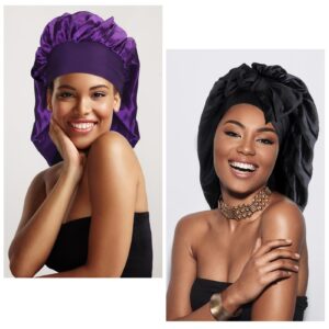 Arqumi 2 Pcs Satin Silk Bonnet for Sleeping Women, Large Long Strap Tie Band Adjustable Sleep Night Cap Hair Bonnet Wrap for Men, Black+Purple