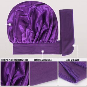 Arqumi 2 Pcs Satin Silk Bonnet for Sleeping Women, Large Long Strap Tie Band Adjustable Sleep Night Cap Hair Bonnet Wrap for Men, Black+Purple