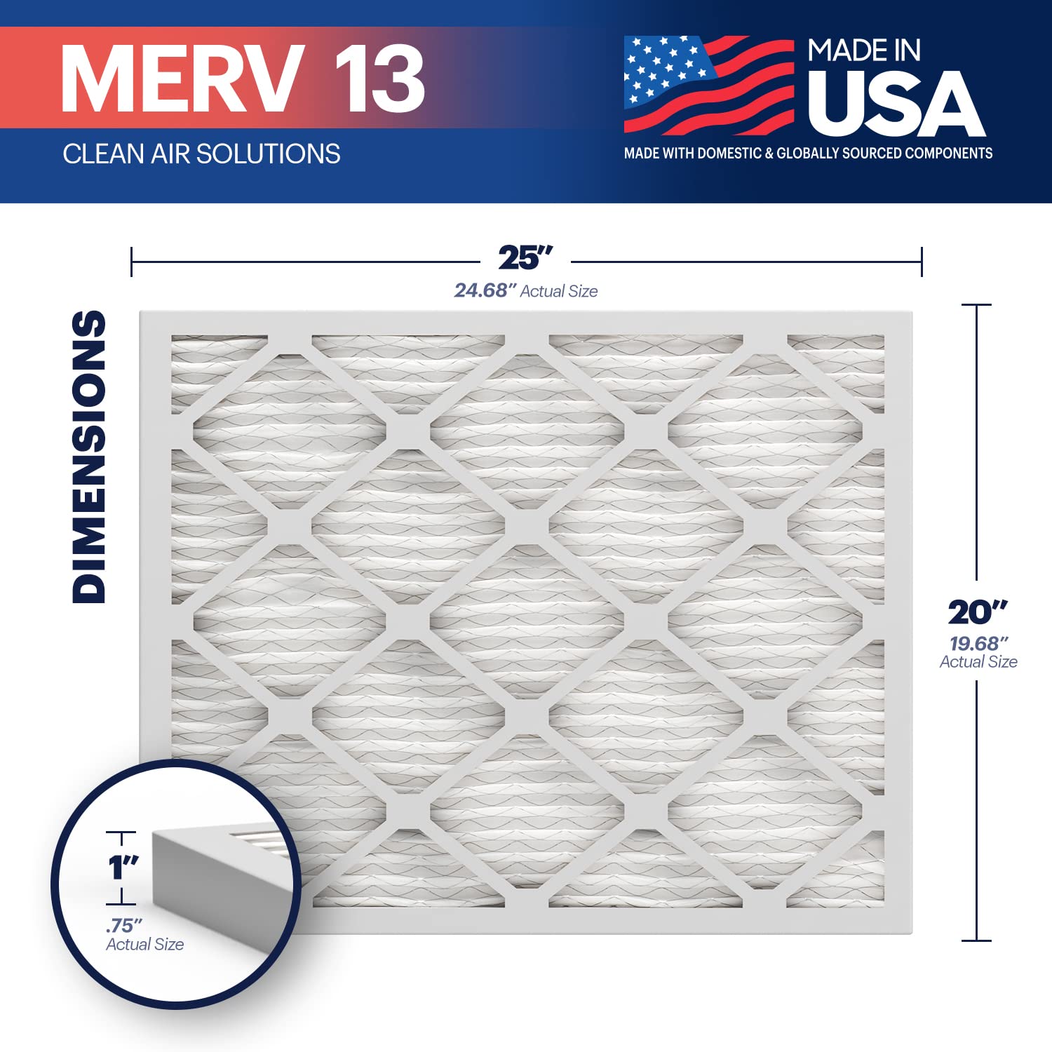 BNX TruFilter 20x25x1 Air Filter MERV 13 (4-Pack) - MADE IN USA - Electrostatic Pleated Air Conditioner HVAC AC Furnace Filters for Allergies, Pollen, Mold, Bacteria, Smoke, Allergen, MPR 1900 FPR 10