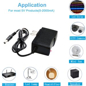 5Volt 2A DC Power Supply Adapter 5V Power Supply 10W AC Adapter 100V-240V AC to DC 5V 2A 1A Power Adapter Transformers Replacement Power Cord 5.5mm*2.5mm DC Plug