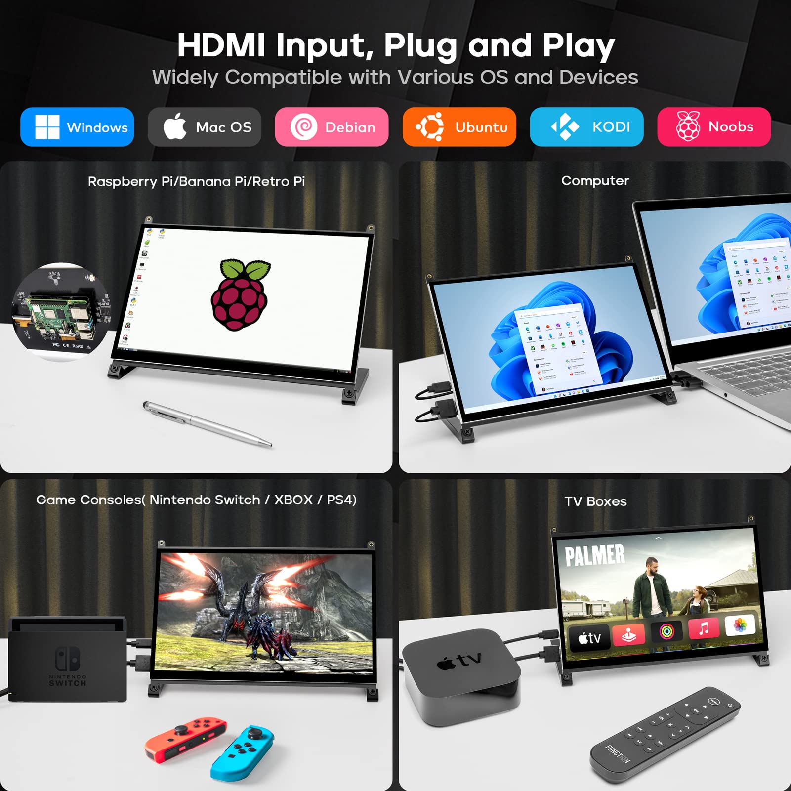 ROADOM Raspberry Pi Screen, 10.1’’ Touchscreen Monitor, IPS FHD 1024×600,Responsive and Smooth Touch,Dual Built-in Speakers,HDMI Input,Compatible with Raspberry Pi 5/4/3/Zero,Easy Assembly,Driver Free