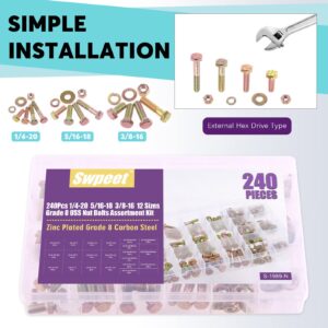 Swpeet 240Pcs 1/4-20 5/16-18 3/8-16 12 Sizes Grade 8 USS Nut Bolts Assortment Kit, Heavy Duty Bolt Nut and Washer Assortment Coarse Thread Hex Head Cap Screws Bolt Flat and Lock Washer