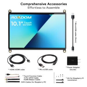 ROADOM Raspberry Pi Screen, 10.1’’ Touchscreen Monitor, IPS FHD 1024×600,Responsive and Smooth Touch,Dual Built-in Speakers,HDMI Input,Compatible with Raspberry Pi 5/4/3/Zero,Easy Assembly,Driver Free