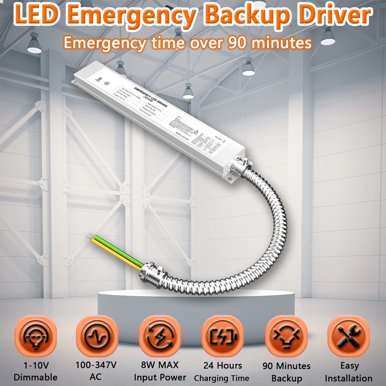 LED Emergency Backup Driver 20W, 100-347V AC 175V DC Over 90 Mins Emergency Time, 0/1-10V Dimmable Emergency LED Driver, Rechargeable UL Listed Backup Battery for LED Recess, Panel and Linear Lights