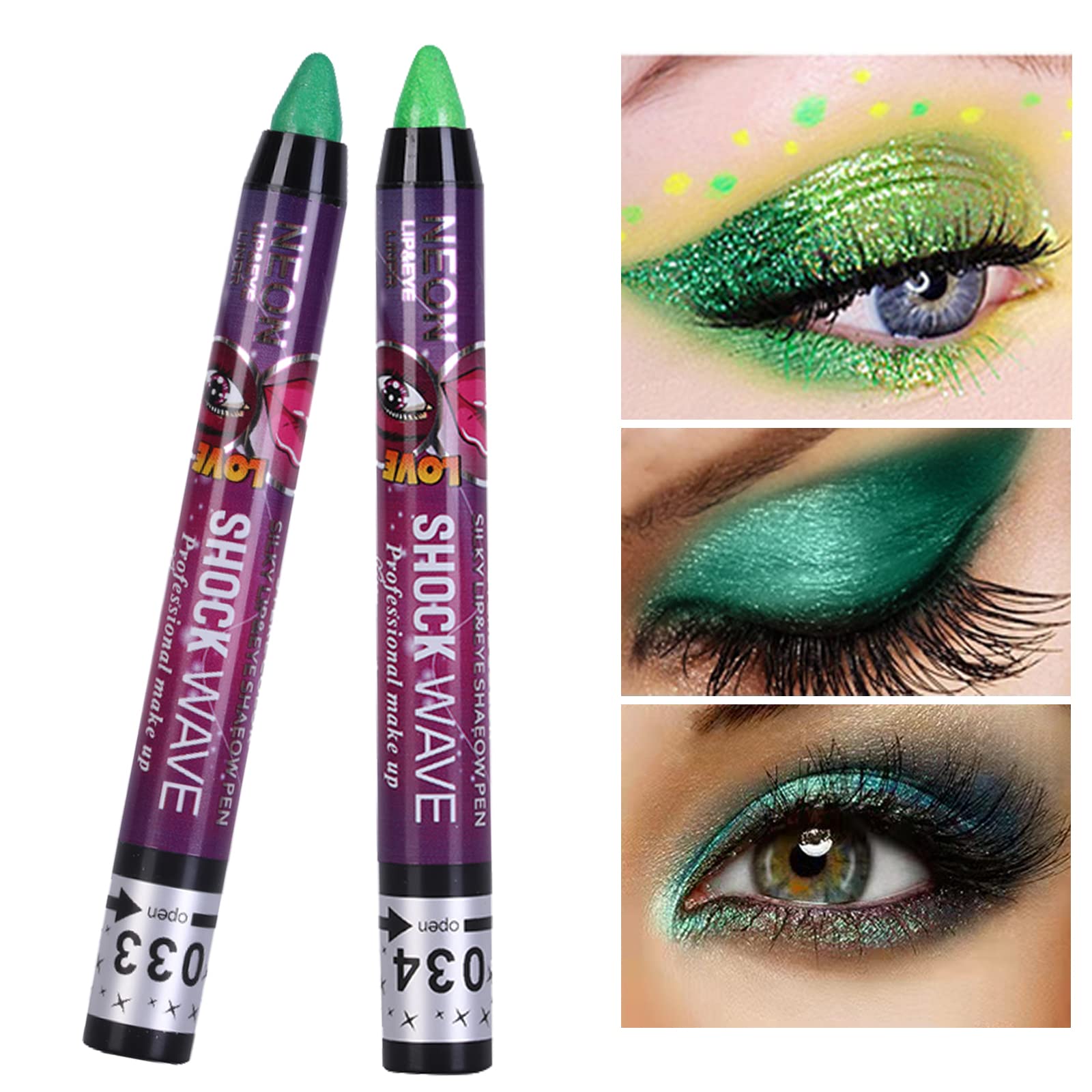 MEICOLY Green Eyeshadow Stick,Metallic Shimmer Crayon Green Eye Shadow Eye Makeup for Halloween,Waterproof & Long Lasting Shiny Bright Rotating Glitter Eyeshadow Sticks,2 Pcs