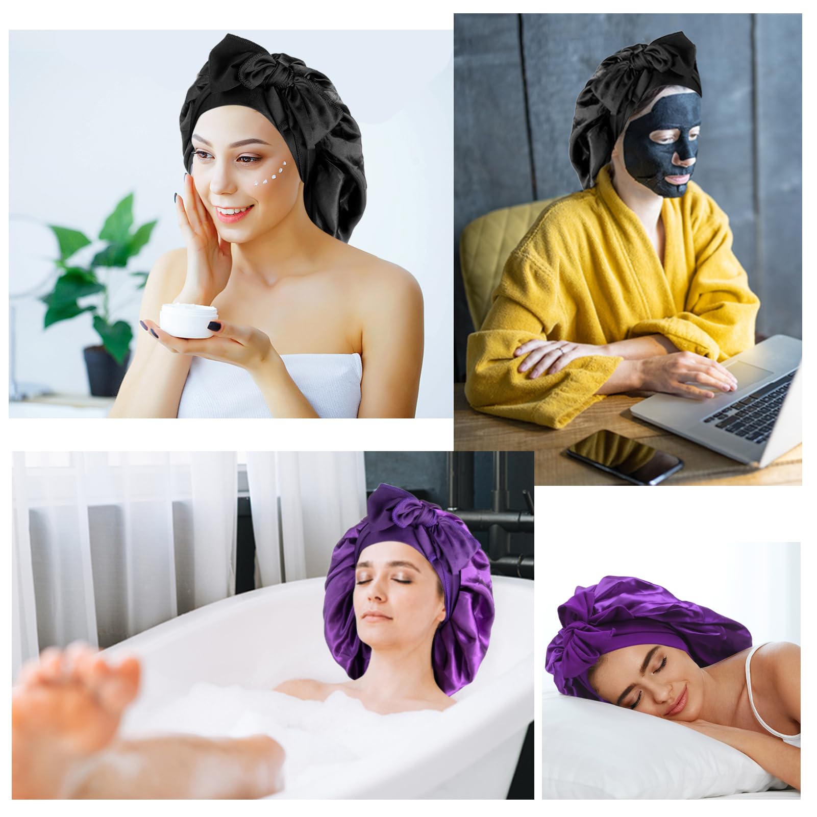 Arqumi 2 Pcs Satin Silk Bonnet for Sleeping Women, Large Long Strap Tie Band Adjustable Sleep Night Cap Hair Bonnet Wrap for Men, Black+Purple