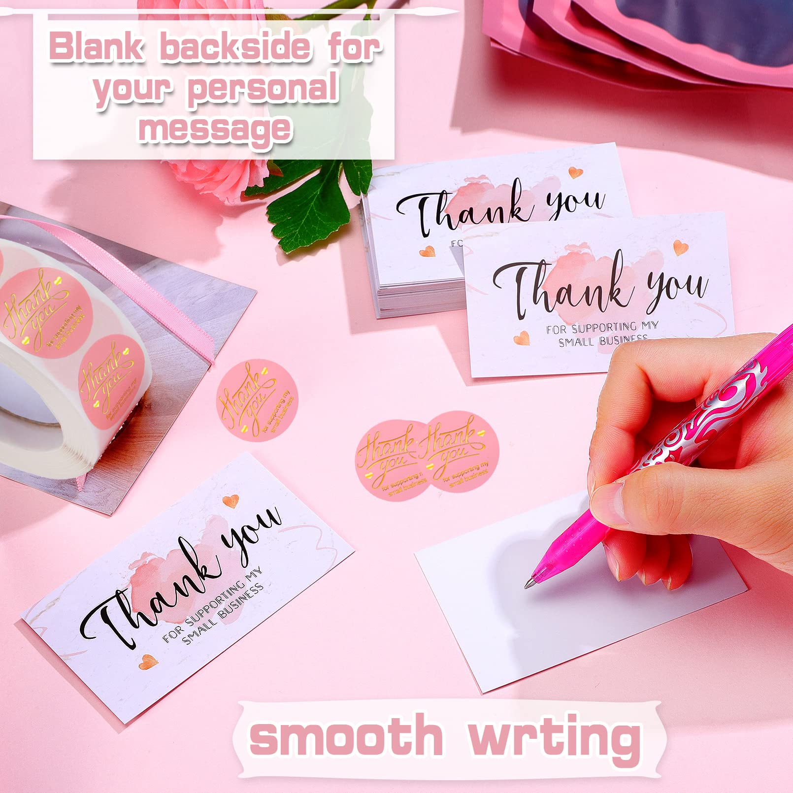 620Pcs Thank You Cards and Stickers Set,Include 500Gold Foil Thank You For Supporting My Small Business Stickers 1inch,100 Thank You Business Card,20 Resealable Packaging Bag for Retail Store Envelope