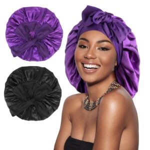 arqumi 2 pcs satin silk bonnet for sleeping women, large long strap tie band adjustable sleep night cap hair bonnet wrap for men, black+purple