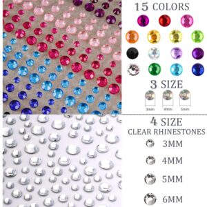 1250 Pcs Self Adhesive Rhinestones for Makeup Eyes 15 Colors Rainbow Rhinestones Face Jewels Face Gems Stick on, DIY Nail Makeup 3mm 4mm 5mm 6mm Rave Festival Accessories Costume for Women