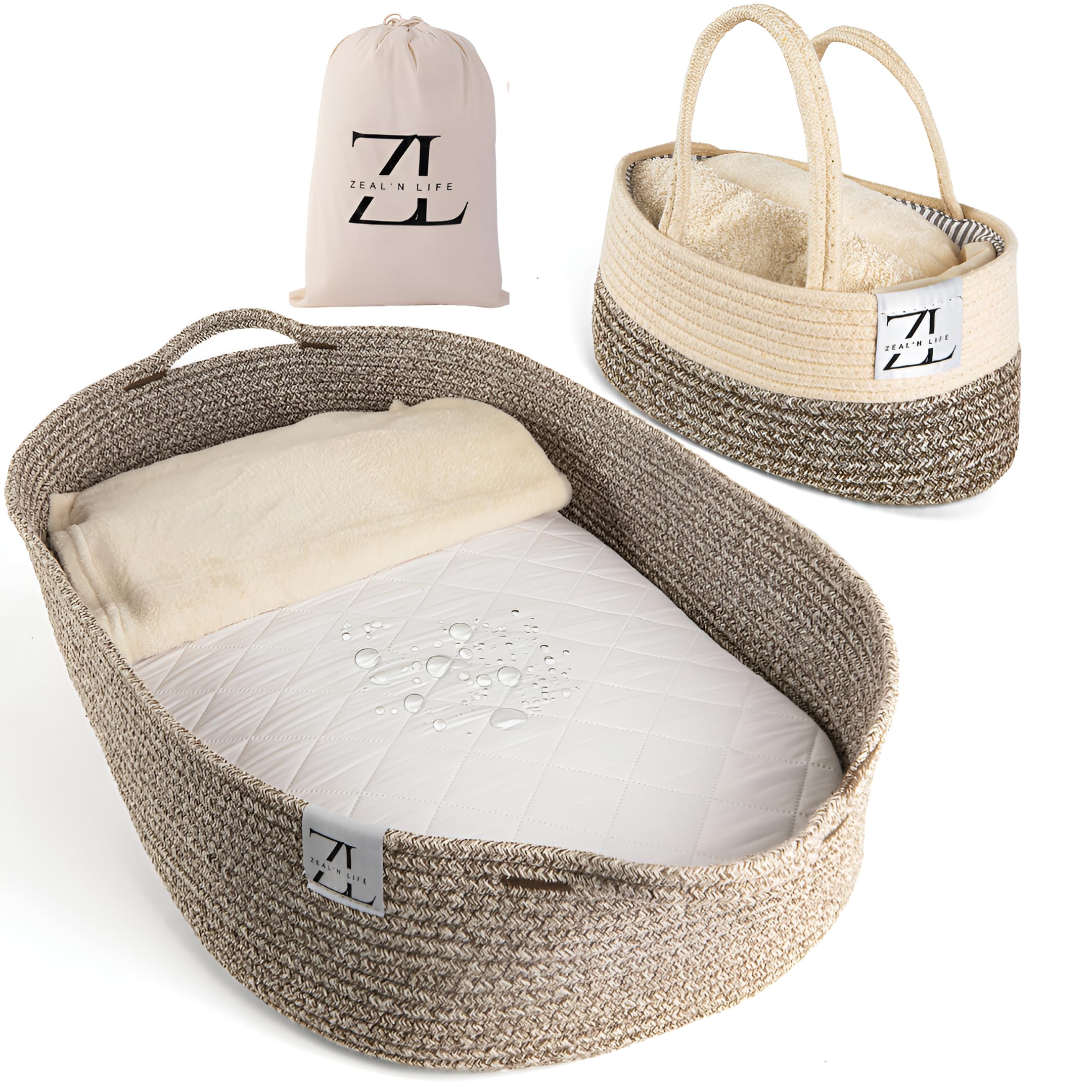 ZEAL'N LIFE Baby Changing Basket with Diapers Basket, Blanket & Changing Pad for Dresser, Potable Changing Pad, Baby Changing Pad, Changing Pad for Dresser, Moses Basket for Newborns (Brown)