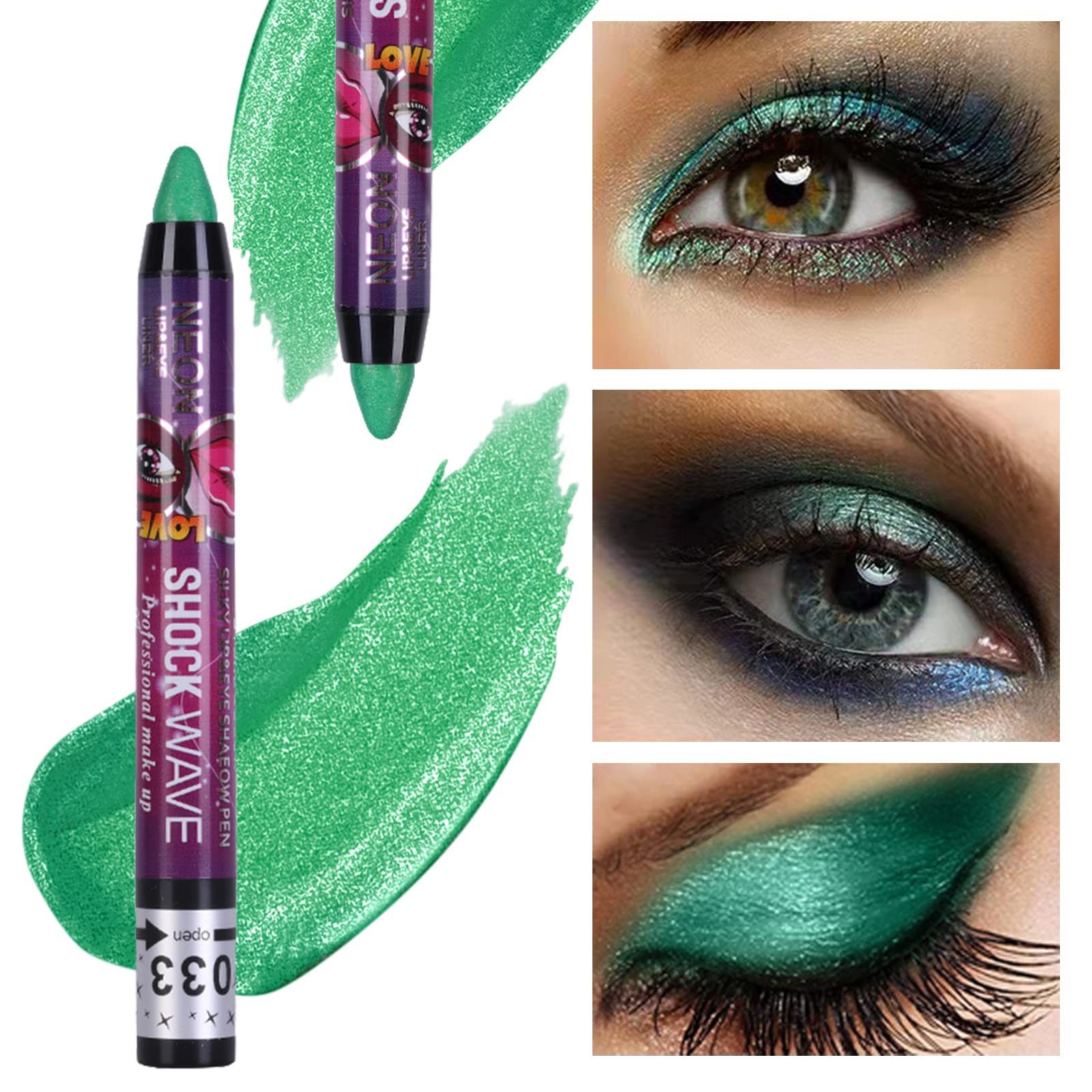 MEICOLY Green Eyeshadow Stick,Metallic Shimmer Crayon Green Eye Shadow Eye Makeup for Halloween,Waterproof & Long Lasting Shiny Bright Rotating Glitter Eyeshadow Sticks,2 Pcs