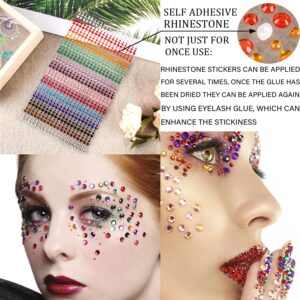 1250 Pcs Self Adhesive Rhinestones for Makeup Eyes 15 Colors Rainbow Rhinestones Face Jewels Face Gems Stick on, DIY Nail Makeup 3mm 4mm 5mm 6mm Rave Festival Accessories Costume for Women