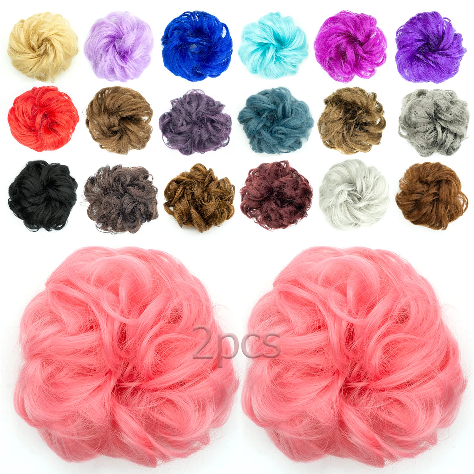 QTHQTFL 2pcs Messy Bun Hair Piece Scrunchie Hair Bun Hair Pieces for Women Girls Elastic Rubber Band Curly Wavy Synthetic Hair Bun Scrunchies Ponytail Extensions (Pink)