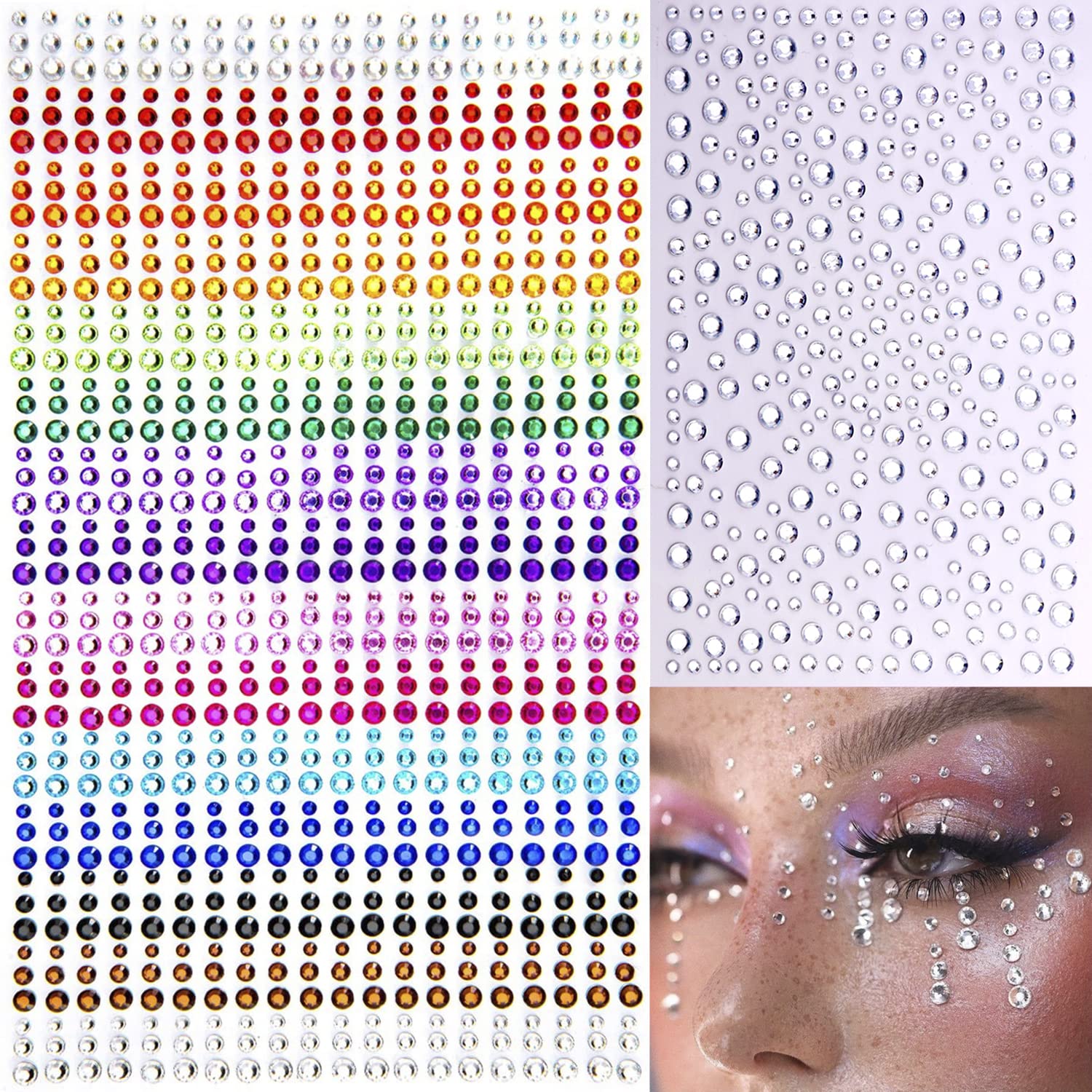 1250 Pcs Self Adhesive Rhinestones for Makeup Eyes 15 Colors Rainbow Rhinestones Face Jewels Face Gems Stick on, DIY Nail Makeup 3mm 4mm 5mm 6mm Rave Festival Accessories Costume for Women