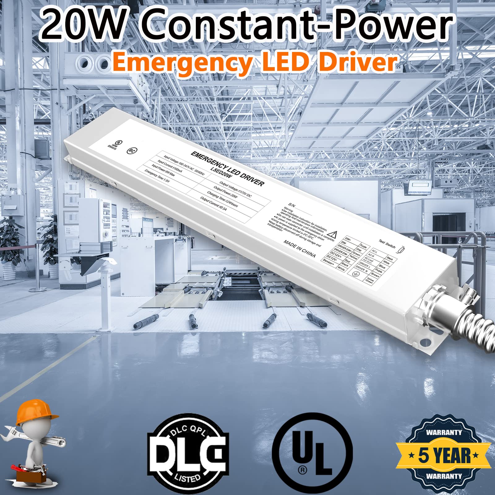 LED Emergency Backup Driver 20W, 100-347V AC 175V DC Over 90 Mins Emergency Time, 0/1-10V Dimmable Emergency LED Driver, Rechargeable UL Listed Backup Battery for LED Recess, Panel and Linear Lights