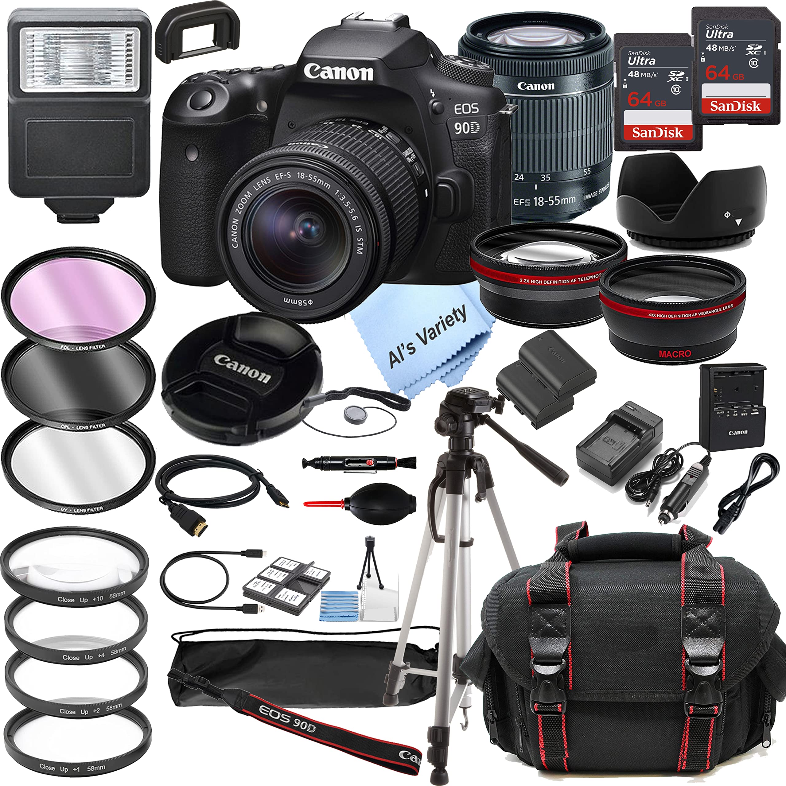 Canon EOS 90D DSLR Camera w/EF-S 18-55mm F/3.5-5.6 STM Zoom Lens + 128GB Memory + Case + Tripod + Filters (36pc Bundle) (Renewed)