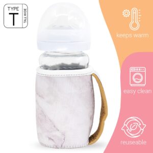 Milkboozii 9oz Baby Glass Bottle Sleeve Reusable with Handle Neoprene Holder Moisture, Non-Slip Grip Insulator Covers for Natural Philips Avent Bottle (T – Tall Wide, White Marble)