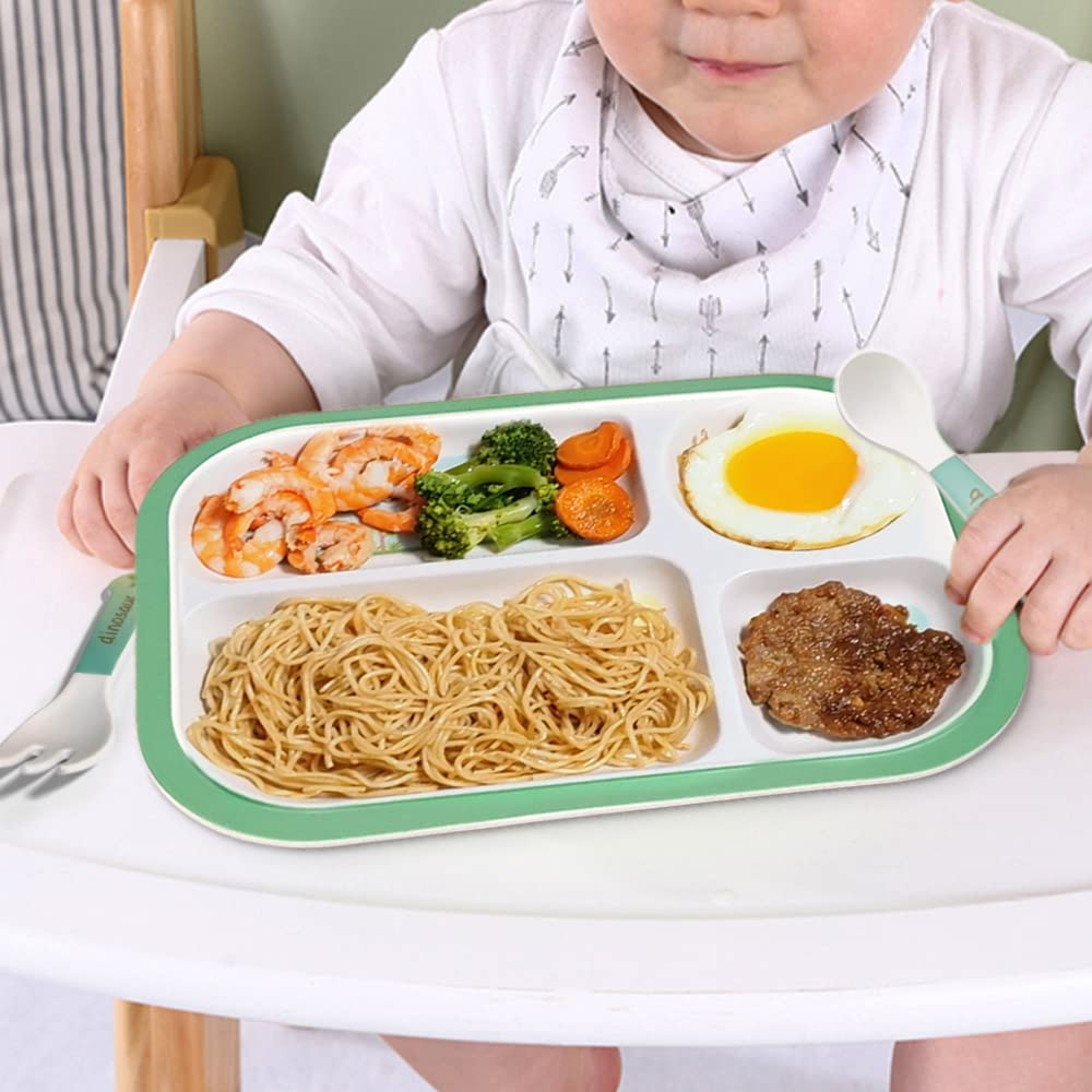 Dinosaur Bamboo Plate Kids Dinnerware Set Toddler Dishes Dinnerware Set Dino Plate Feeding Divided Plates Baby Dish Tableware with Bib