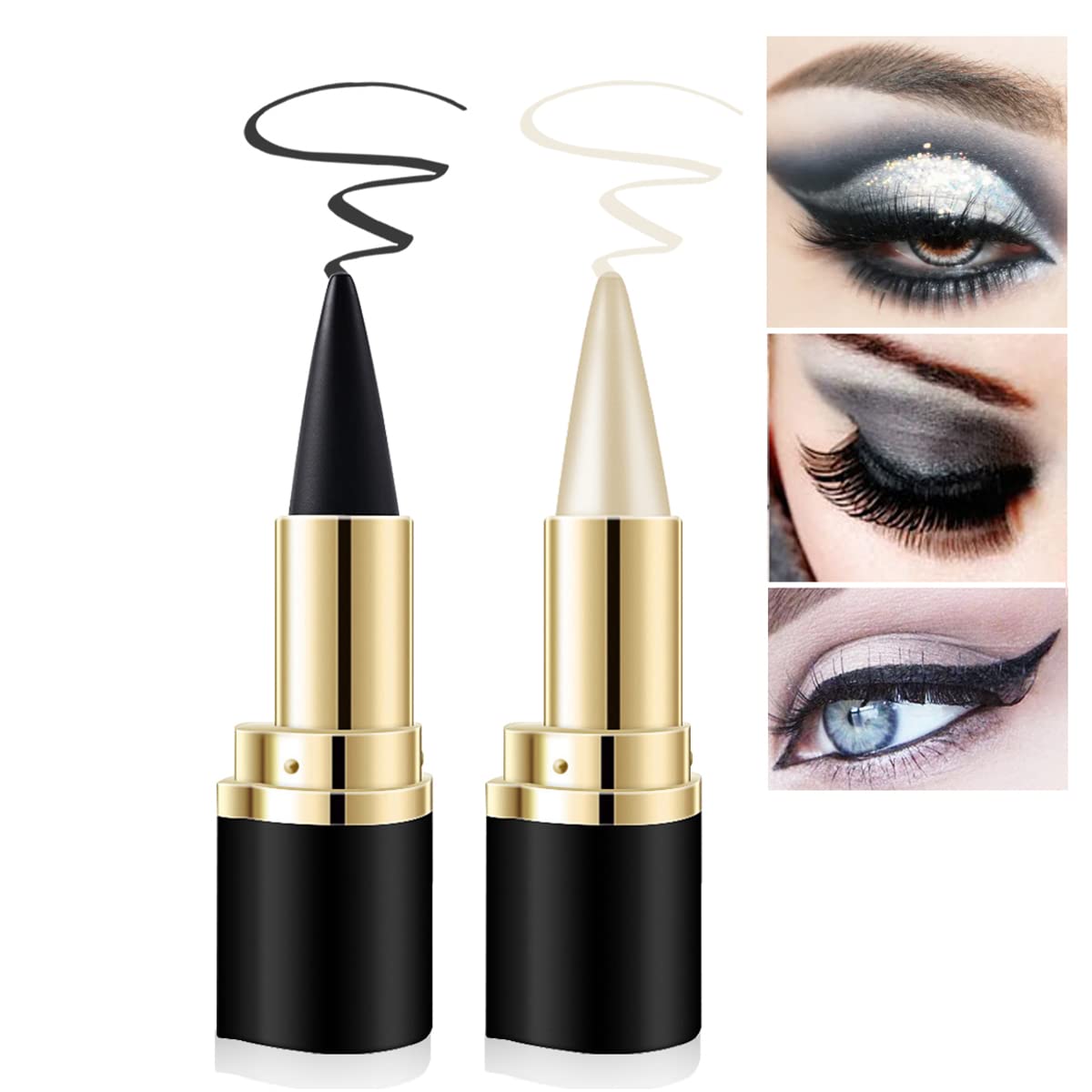 Aaiffey 2 Colors Gel Eyeliner Set,Quick-Dry Cream Eyeliner Waterproof and Smudge Proof Eye-liner Pencil Long-Lasting Matte Black Eyeliner Stick for Women Girls (01 Silver+04 Black)