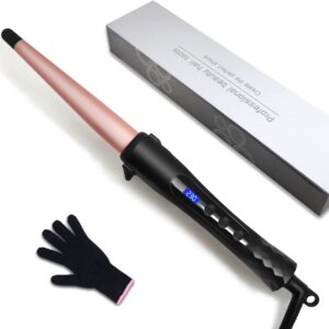 hair curling wand, 1/2-1 inch tapered curling iron for all hair types, professional ceramic hair curler wand with adjustable temperature 190-450℉, include heat resistant glove, rose pink