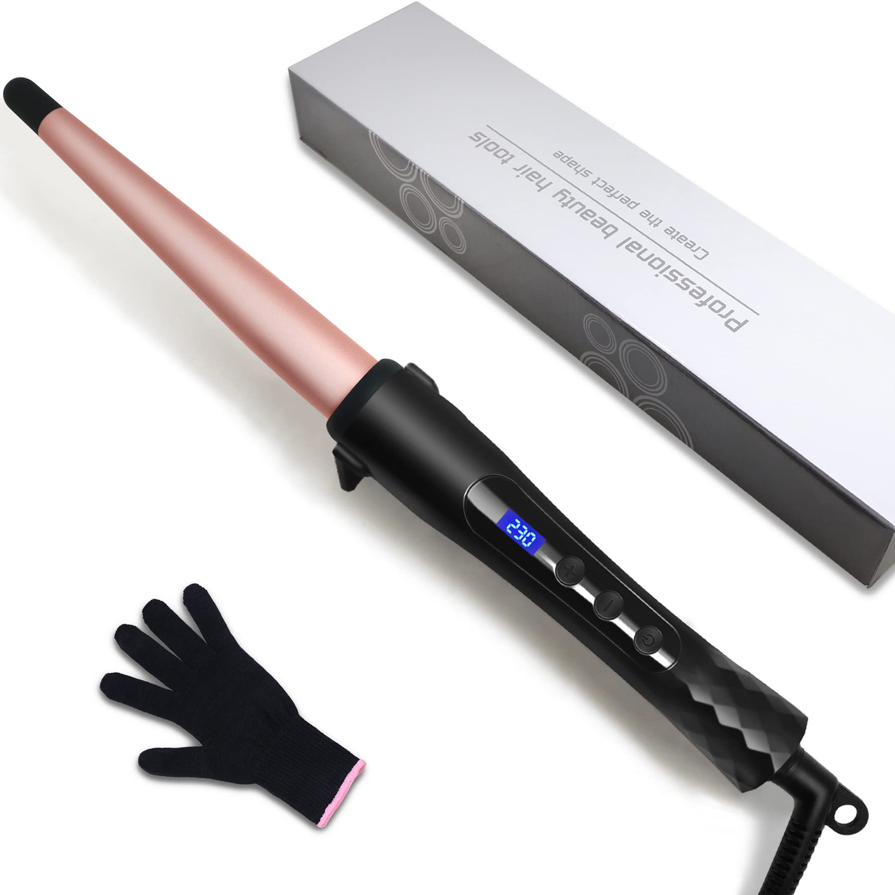 Hair Curling Wand, 1/2-1 Inch Tapered Curling Iron for All Hair Types, Professional Ceramic Hair Curler Wand with Adjustable Temperature 190-450℉, Include Heat Resistant Glove, Rose Pink