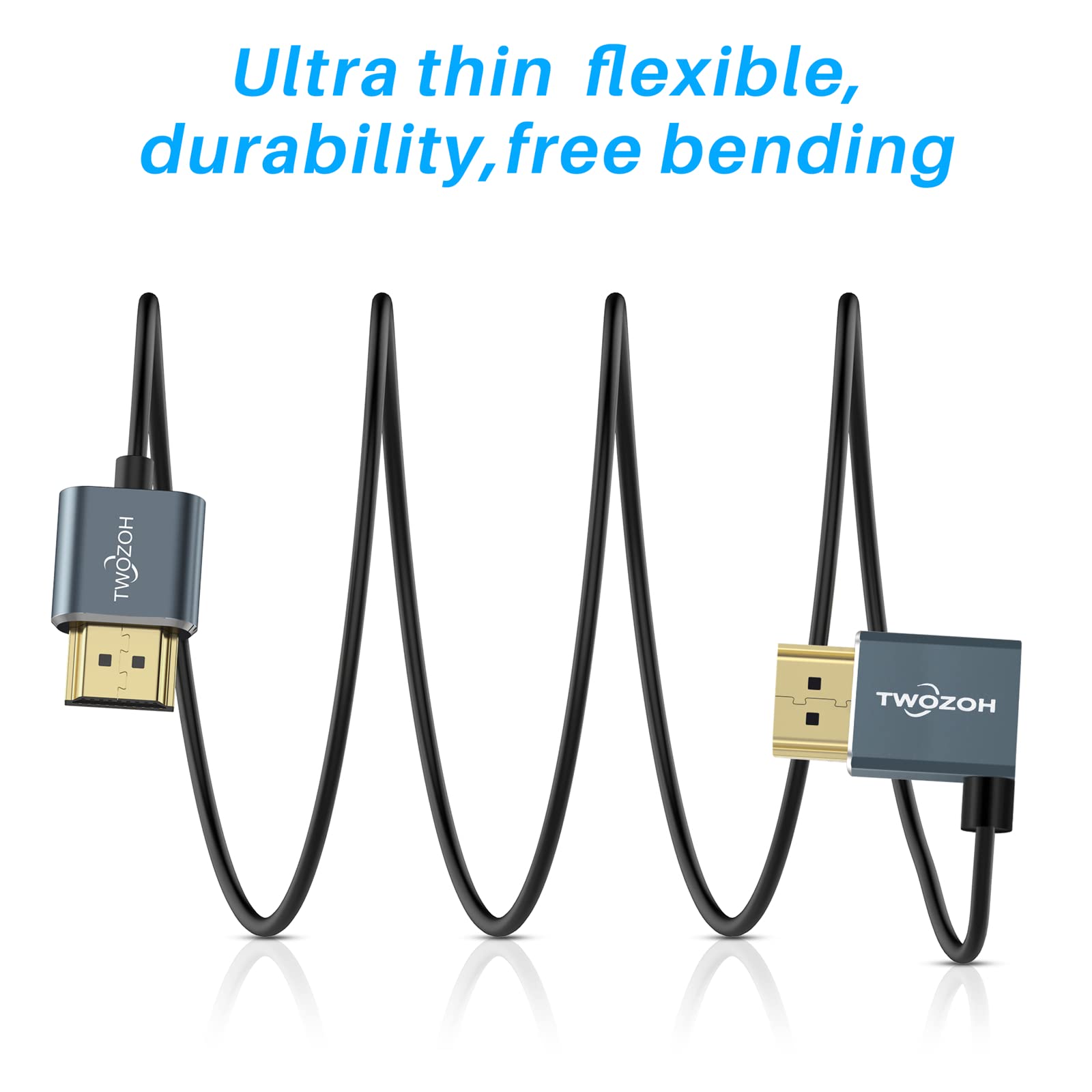 Twozoh Flexible HDMI to HDMI Cable Left Angled 90° 3.3FT, Ultra Thin and Slim HDMI Cord Support 3D/4K@60Hz