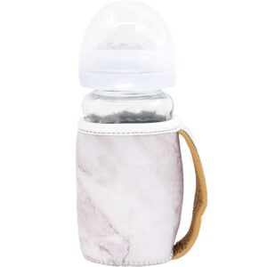 milkboozii 9oz baby glass bottle sleeve reusable with handle neoprene holder moisture, non-slip grip insulator covers for natural philips avent bottle (t – tall wide, white marble)