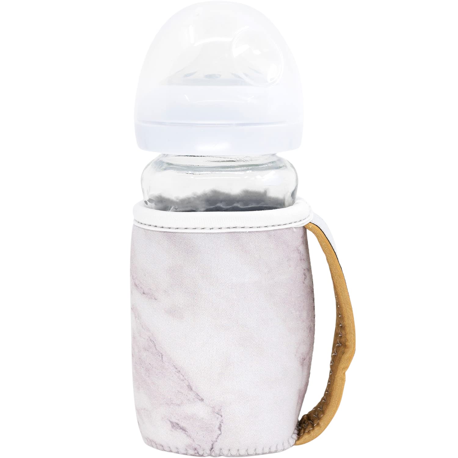 Milkboozii 9oz Baby Glass Bottle Sleeve Reusable with Handle Neoprene Holder Moisture, Non-Slip Grip Insulator Covers for Natural Philips Avent Bottle (T – Tall Wide, White Marble)