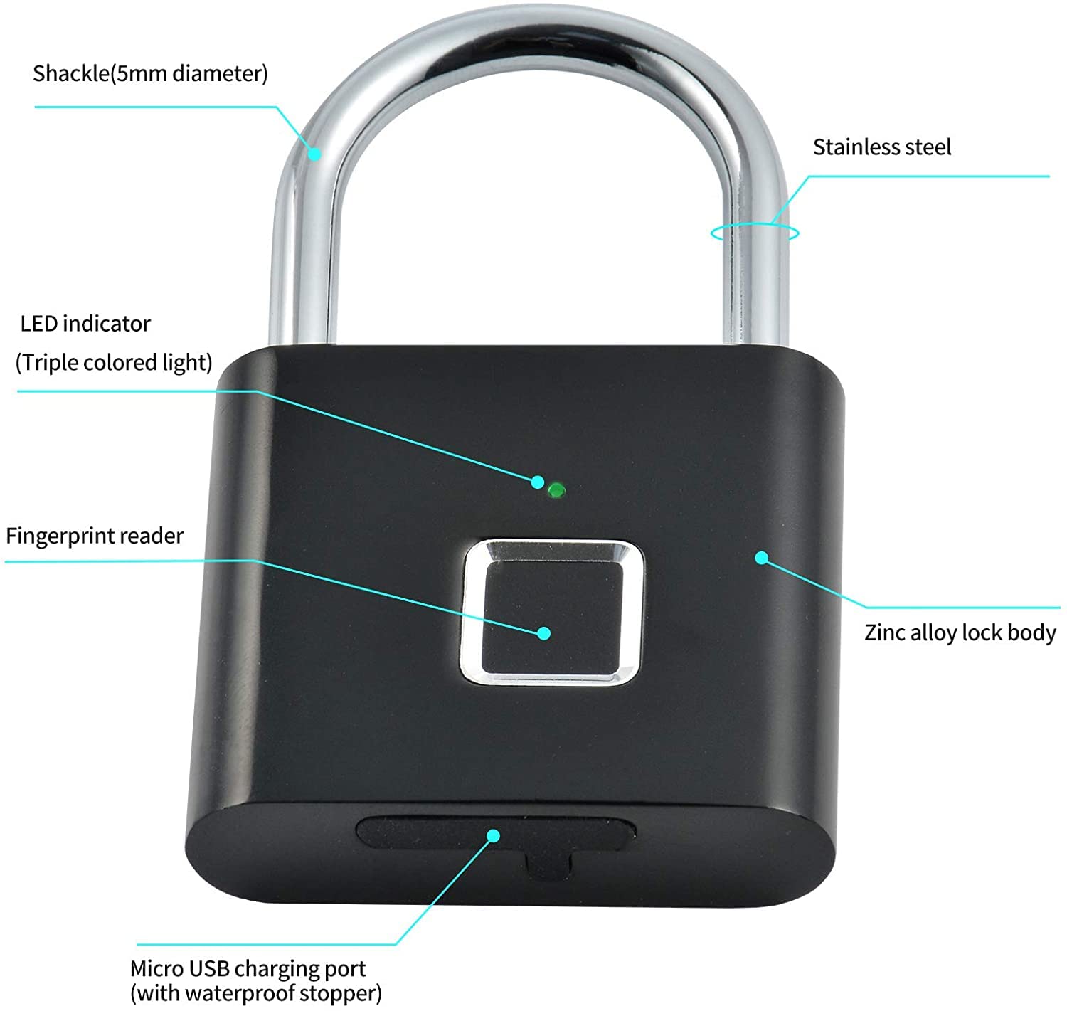 LANDYE Fingerprint Padlock, Smart Padlock, Waterproof Small Portable Padlock, Locker Lock, USB Rechargeable Smart Lock, Suitable for Lockers, Luggage, Gym, Backpacks, Bicycles (Black)