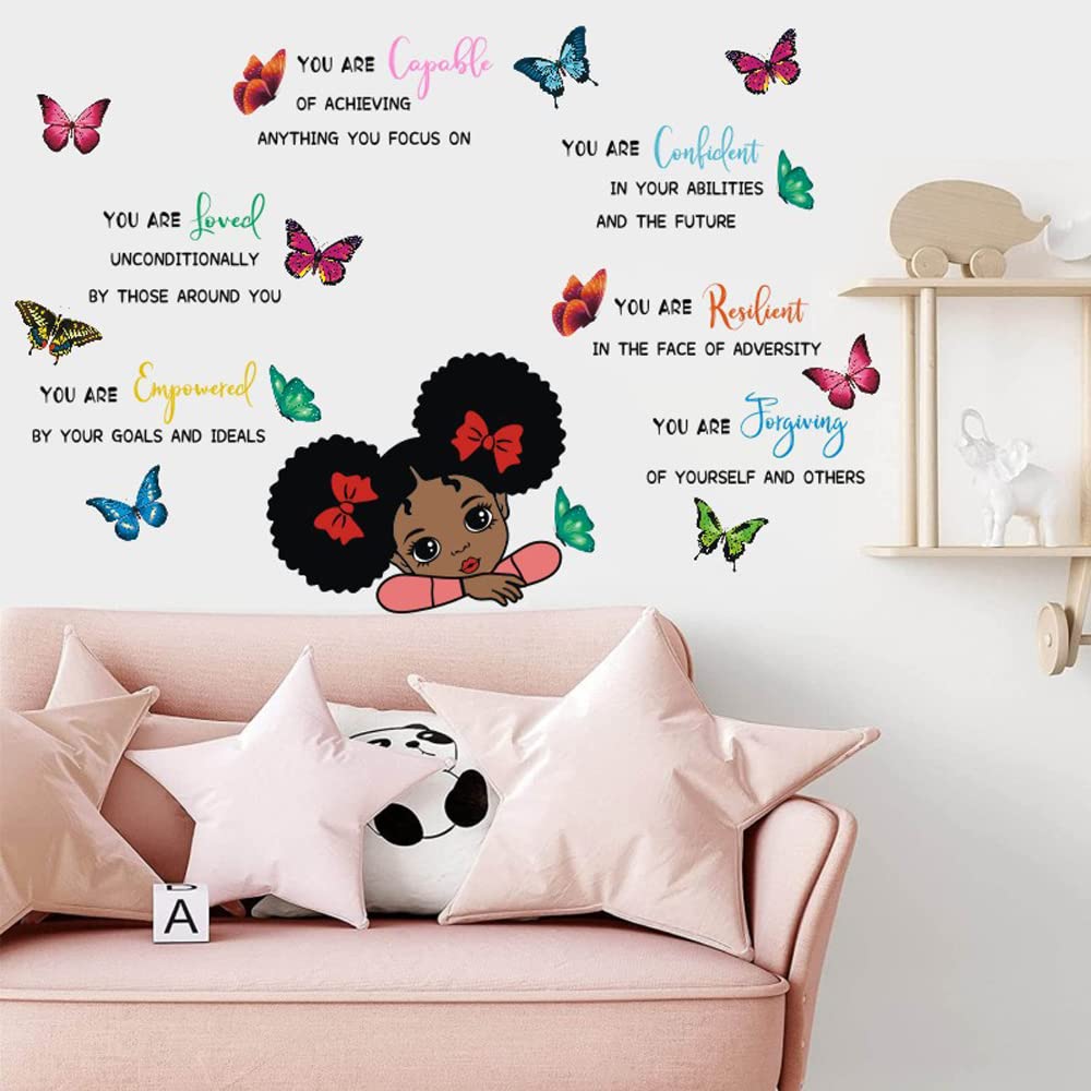 Black Girl Magic You Are Capable Confident Butterfly Inspirational Quotes Wall Decals, Pink Room Deor Motivational Saying African American Wall Sticker for Nursery Living Room Woman Bedroom Wall Decor