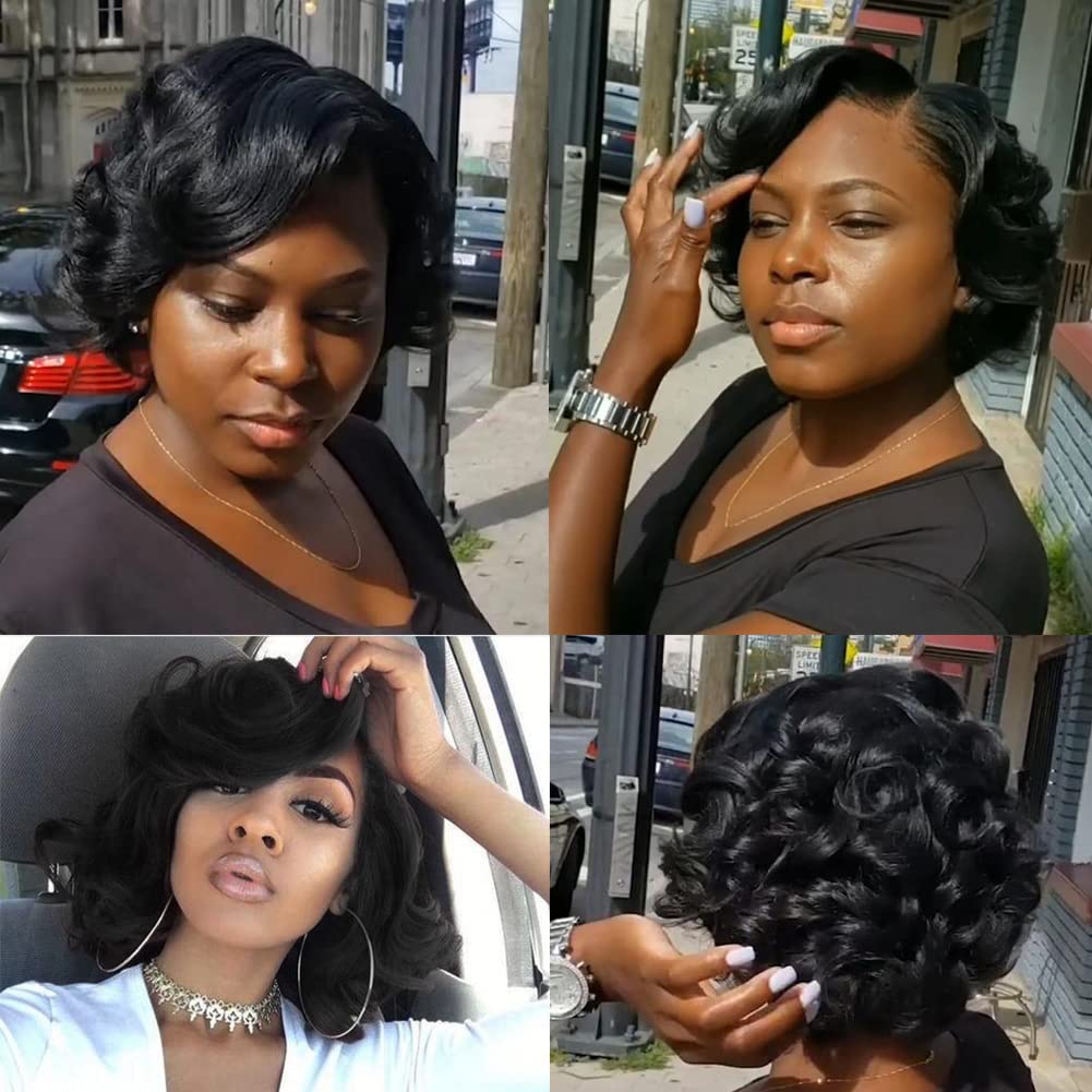 Fancy Hair Short Curly Bob Wig Lace Curled Bob Wigs for Black Women Big Curly Lady Side Part Wigs Synthetic Body Wave Wig for Women Daily Cosplay Use