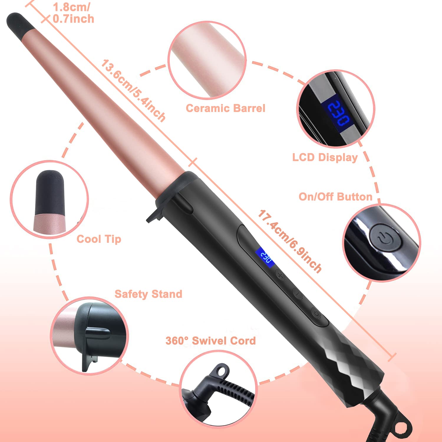 Hair Curling Wand, 1/2-1 Inch Tapered Curling Iron for All Hair Types, Professional Ceramic Hair Curler Wand with Adjustable Temperature 190-450℉, Include Heat Resistant Glove, Rose Pink