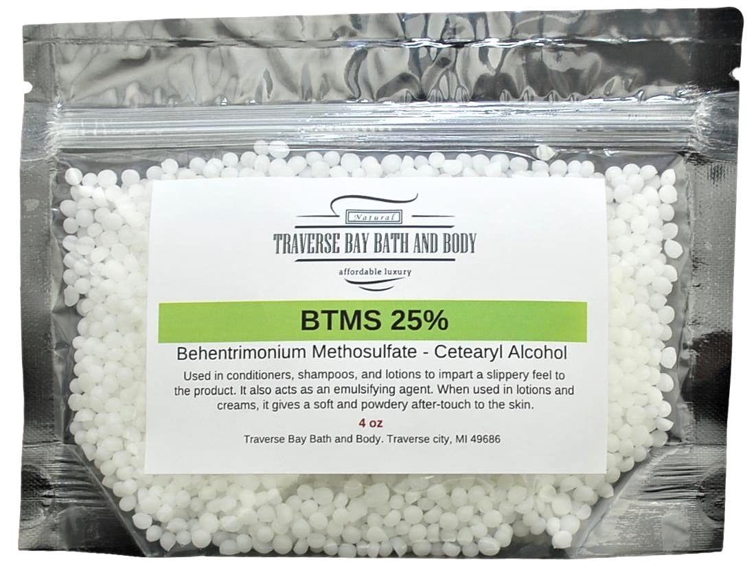 Traverse Bay Bath And Body BTMS Behentrimonium Methosulfate Cetearyl Alcohol 25% - 4 oz. Conditioning Emulsifier. Resealable stand-up moisture barrier pouch.