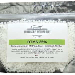 Traverse Bay Bath And Body BTMS Behentrimonium Methosulfate Cetearyl Alcohol 25% - 4 oz. Conditioning Emulsifier. Resealable stand-up moisture barrier pouch.