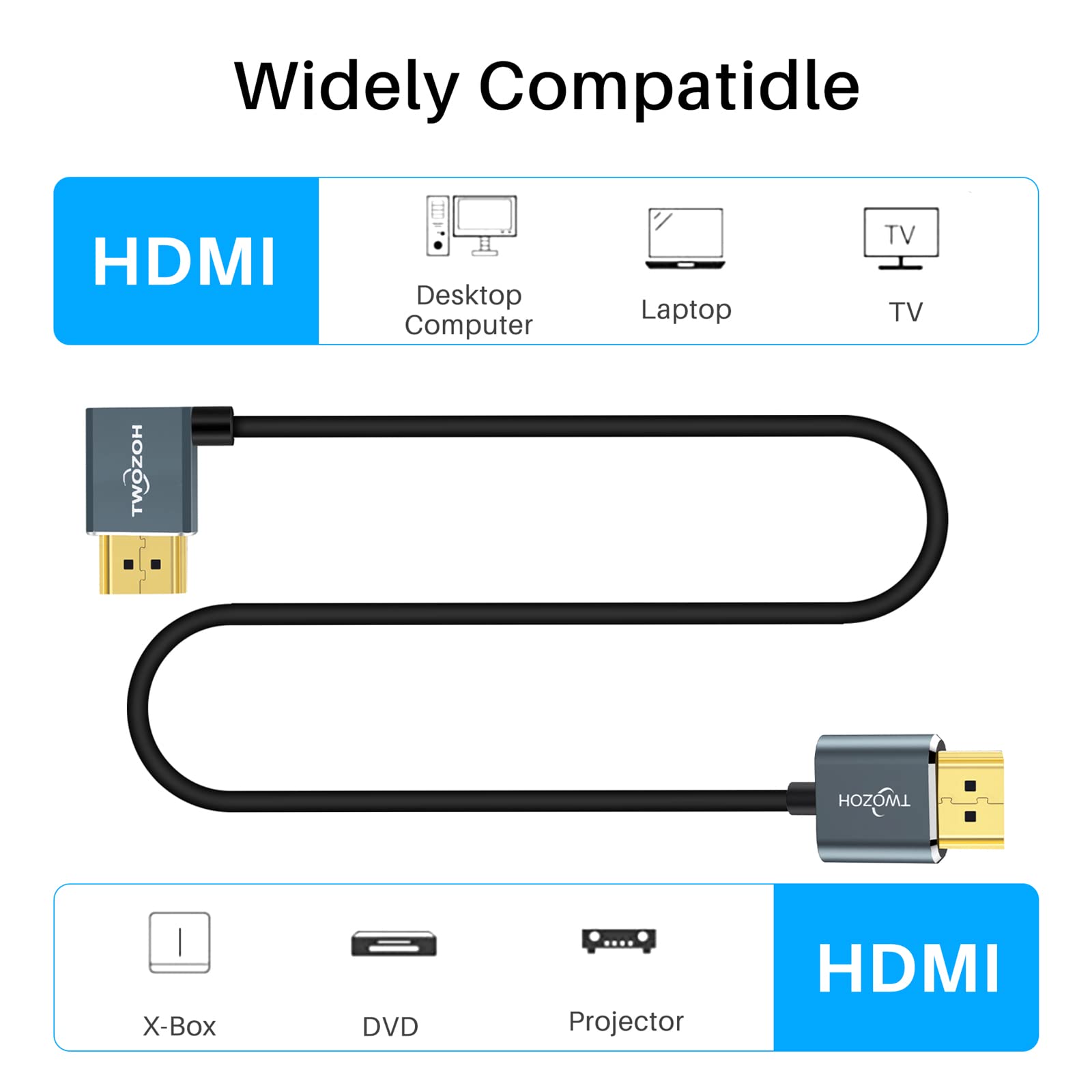 Twozoh Flexible HDMI to HDMI Cable Left Angled 90° 3.3FT, Ultra Thin and Slim HDMI Cord Support 3D/4K@60Hz