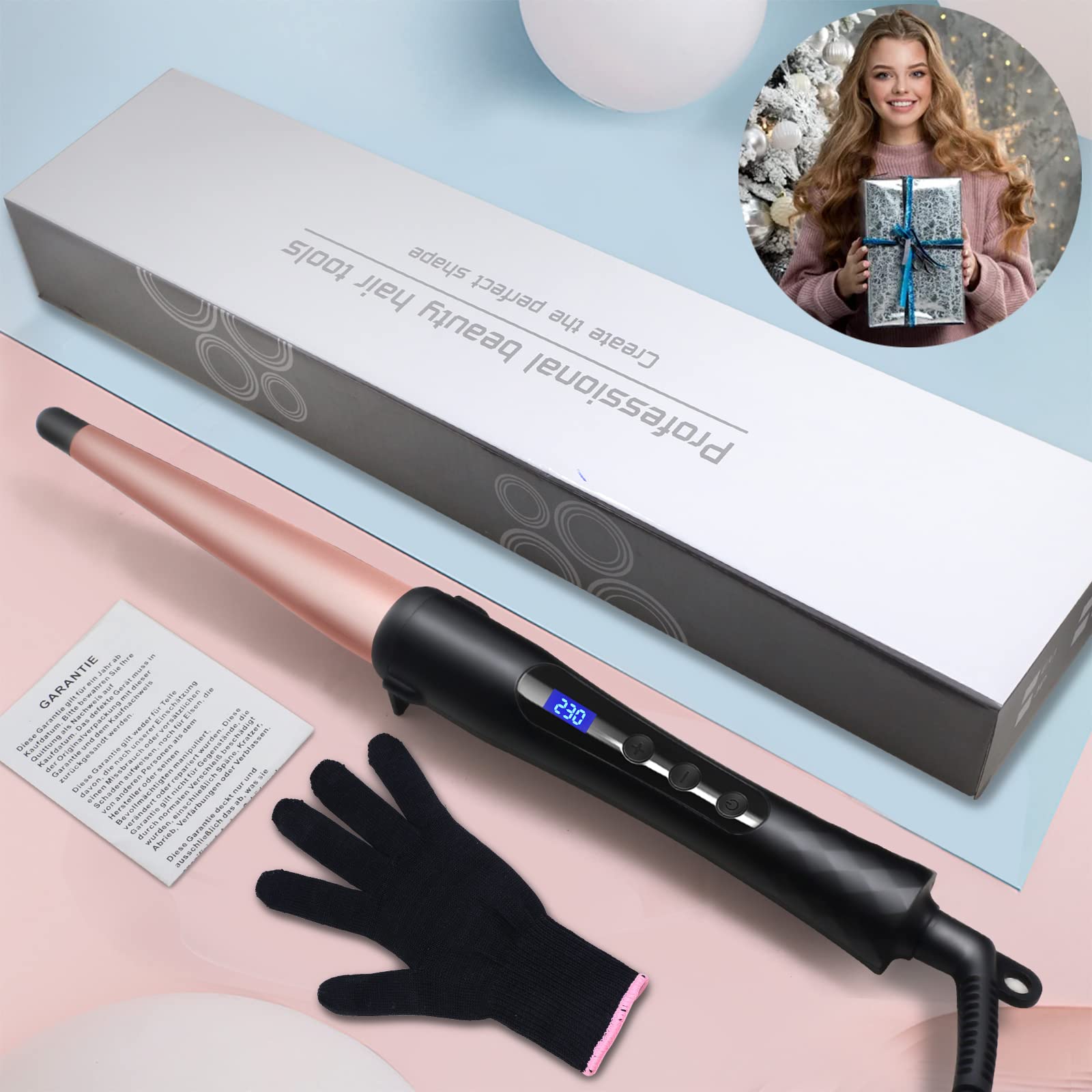 Hair Curling Wand, 1/2-1 Inch Tapered Curling Iron for All Hair Types, Professional Ceramic Hair Curler Wand with Adjustable Temperature 190-450℉, Include Heat Resistant Glove, Rose Pink