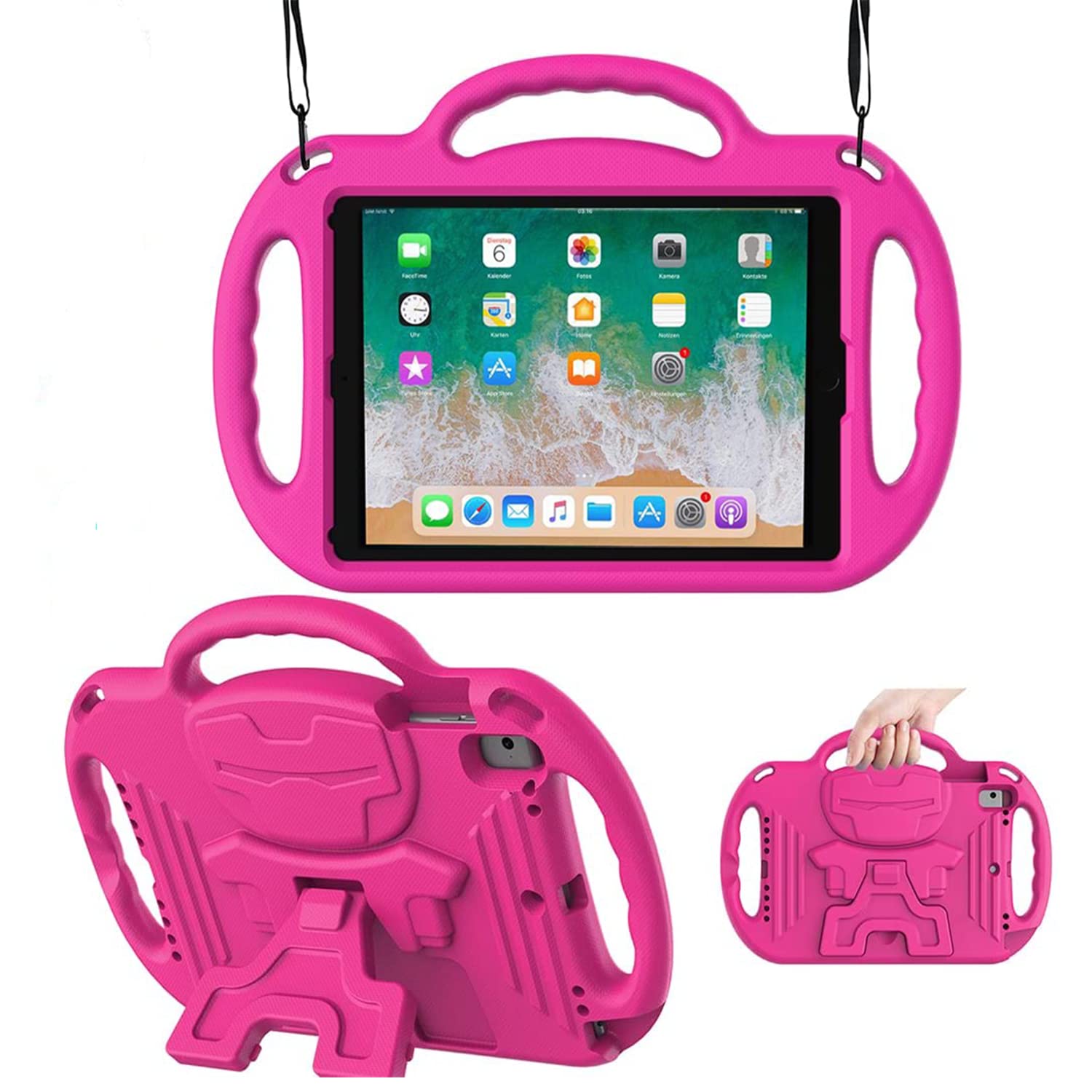 TIRIN iPad 9.7 Kids Case for iPad 6/5th Generation, iPad Air 1 & Air 2 & Pro 9.7 Shockproof Protective Case with Handle Shoulder Strap and Kickstand for iPad 5/6 & iPad Air 1st/2nd Gen 2018/2017, Pink