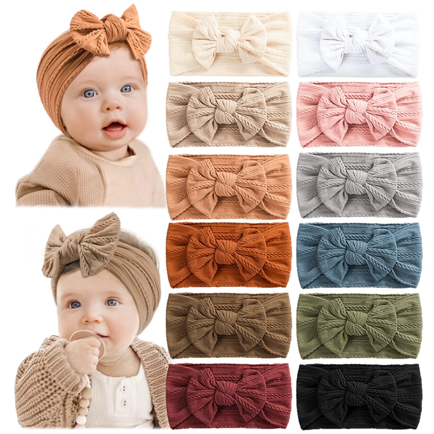 Prohouse 12 PCS Baby Headbands Handmade Super Stretchy Soft Nylon Hairbands Hair Bows Hair Accessories for Baby Girls Newborn Infant Toddlers Kids(Clay)