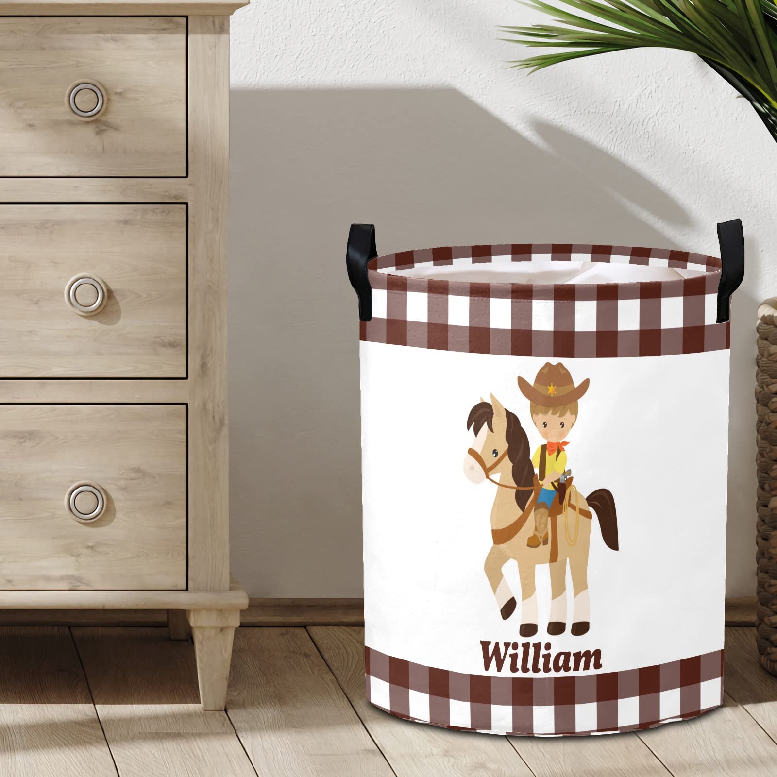 Personalized Laundry Basket Hamper,Cowboy Brown Plaid,Collapsible Storage Baskets with Handles for Kids Room,Clothes, Nursery Decor